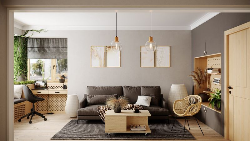 Vizigon interior visualization of a calm living room with oak joinery